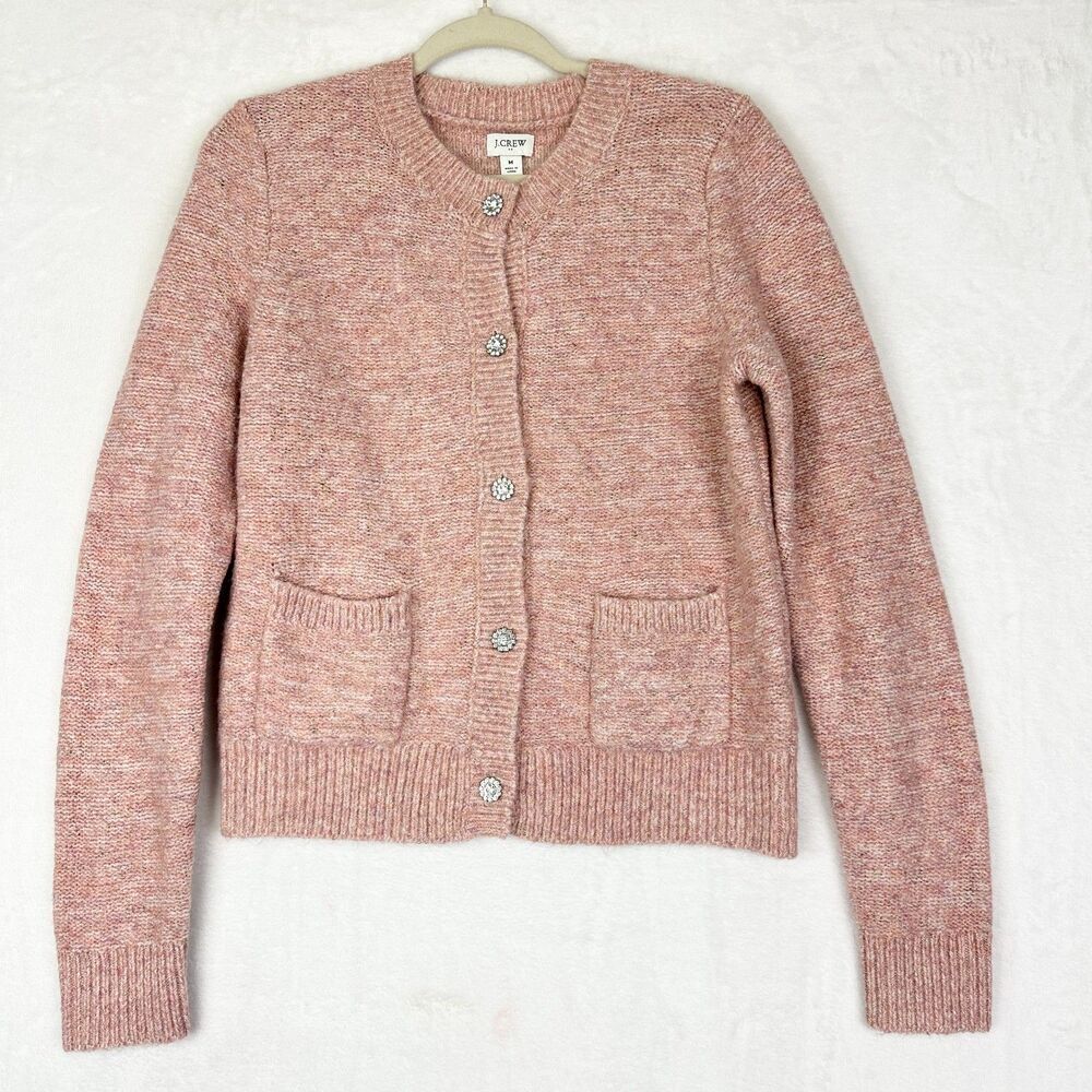J Crew Shimmer Lady Cardigan Sweater Size Medium NWT Rose Blush Metallic Classic